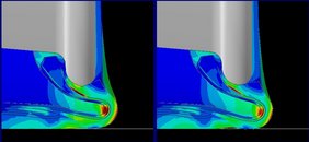 Comparison of heat generation and strain under load (left: standard tyre; right: HLC tyre) HLC tyres generate less heat and strain and have higher load durability. *To confirm the effects of dedicated profiles, simulations are done with larger loads than expected in actual use.